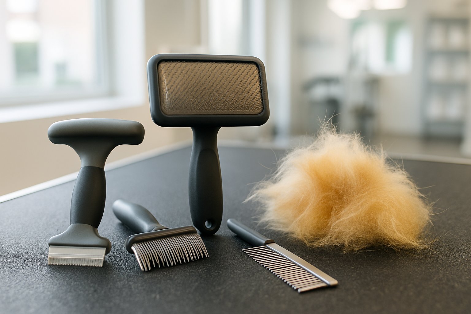 De-shedding brush beside a neat tuft of clean dog undercoat