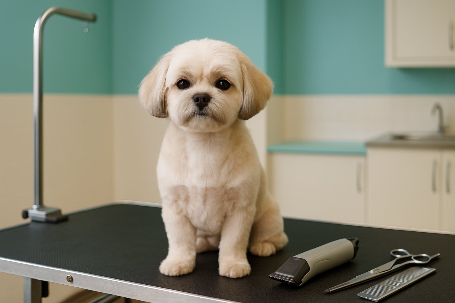 Small clean dog on a professional grooming table beside unbranded clippers