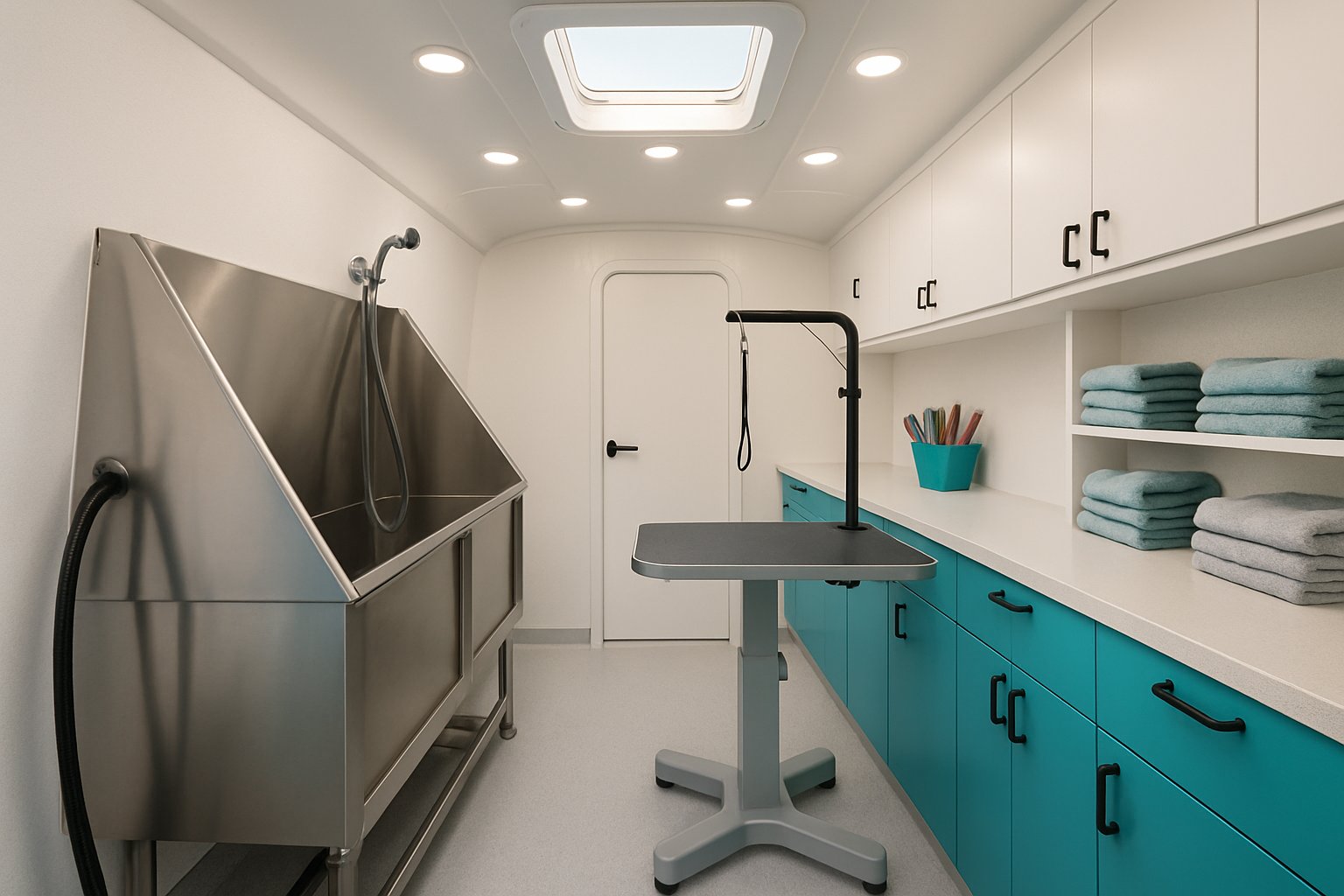 Clean bright interior of a mobile pet grooming van