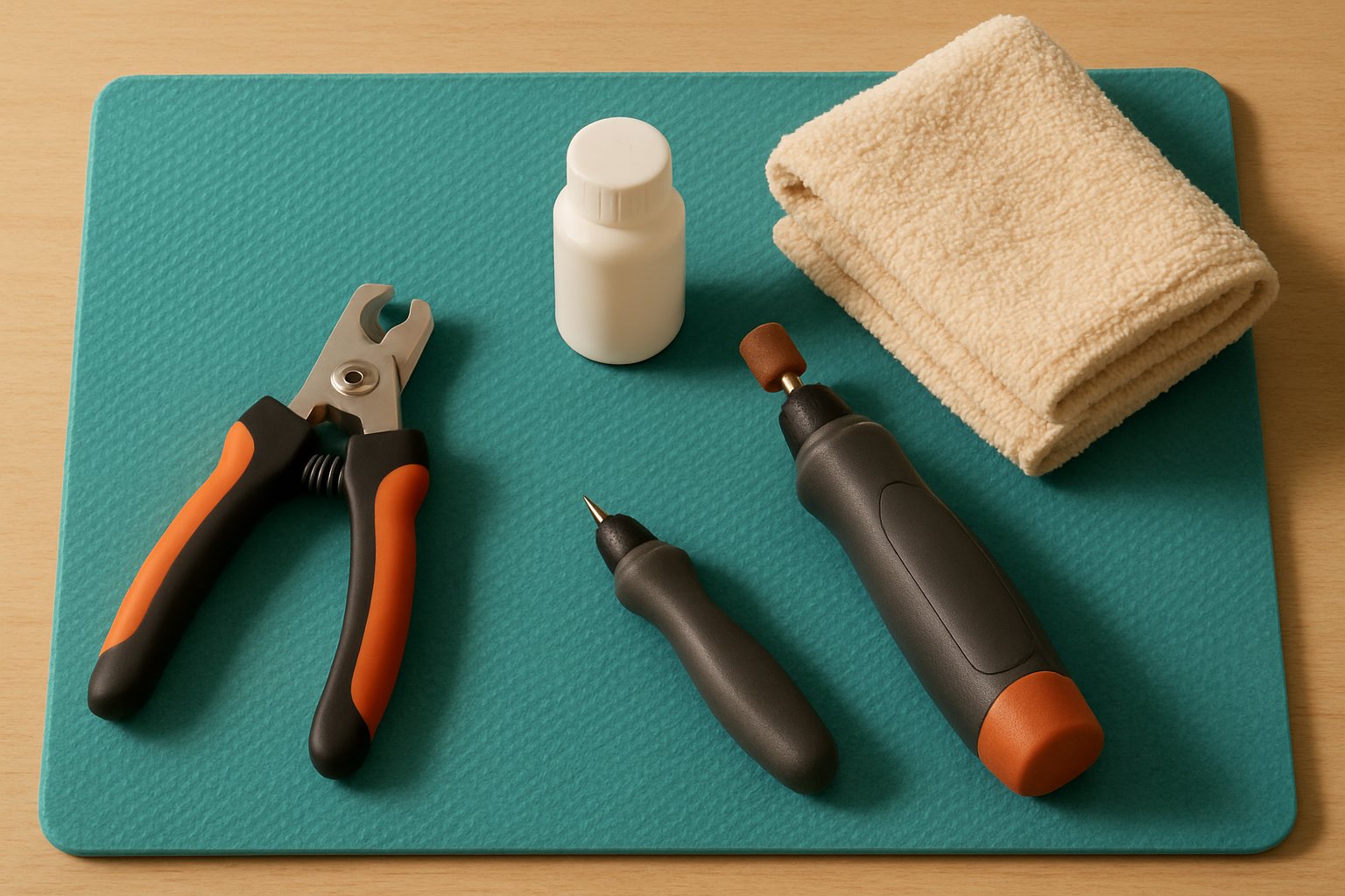 Pet nail trimming tools arranged on a clean teal grooming mat