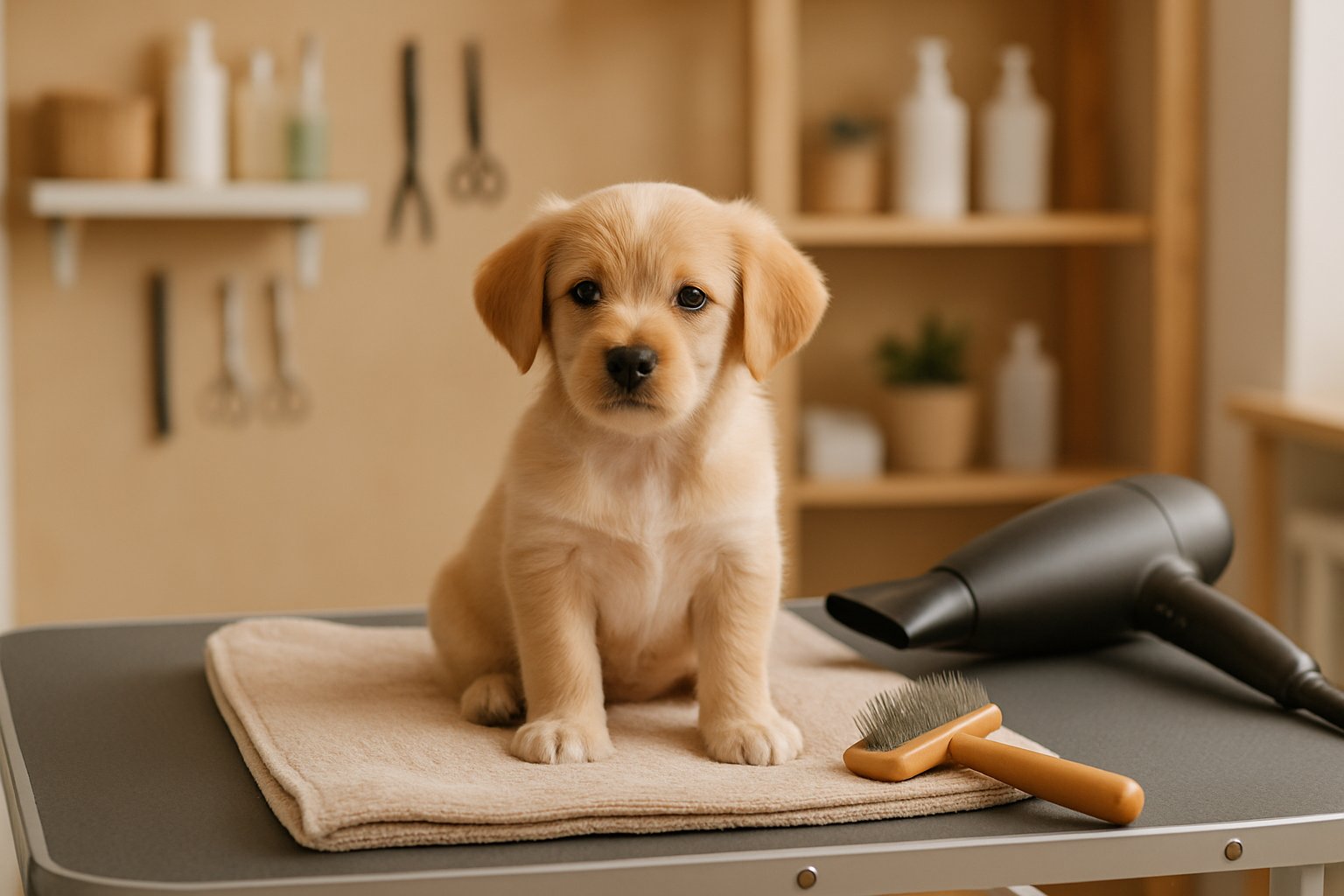 Small puppy in a calm beginner-friendly grooming setup